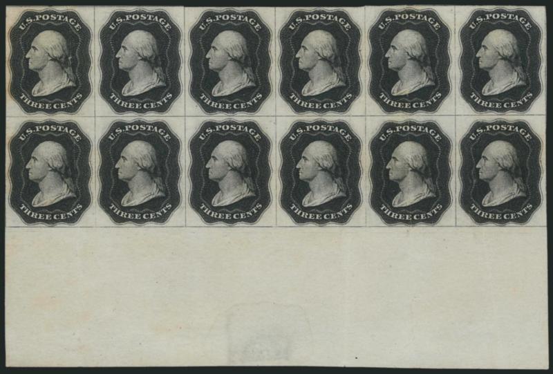 Danforth, Bald & Co., 3c Black, Plate Essay on Ivory Wove, Single Line Frame (11-E12g).> Bottom sheet margin block of 12, ruled lines between subjects, without gum as produced, intense shade, few light
vertical creases and couple minor toned spots at