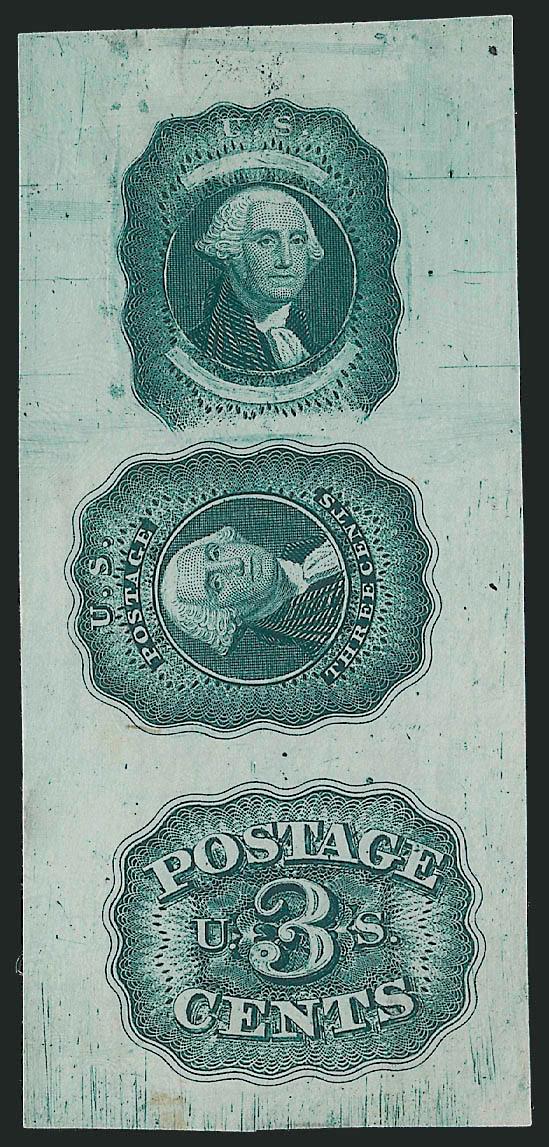 Bald, Cousland & Co., 3c Green, Triple Die Essay on India (11-E16c var).> 36 x 80mm, crisp impression, couple small typical India paper flaws, Very Fine and an interesting variety, Scott lists the triple essay
on India with an albino impression of th