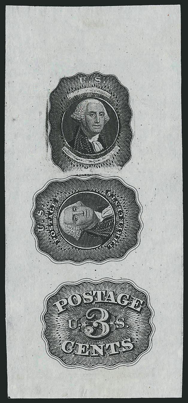 Bald, Cousland & Co., 3c Black, Triple Die Essay on India (11-E16c var).> 44 x 95mm, deep shade, couple small typical India paper flaws, Very Fine and an interesting variety, Scott lists the triple essay on
India with an albino impression of the seco