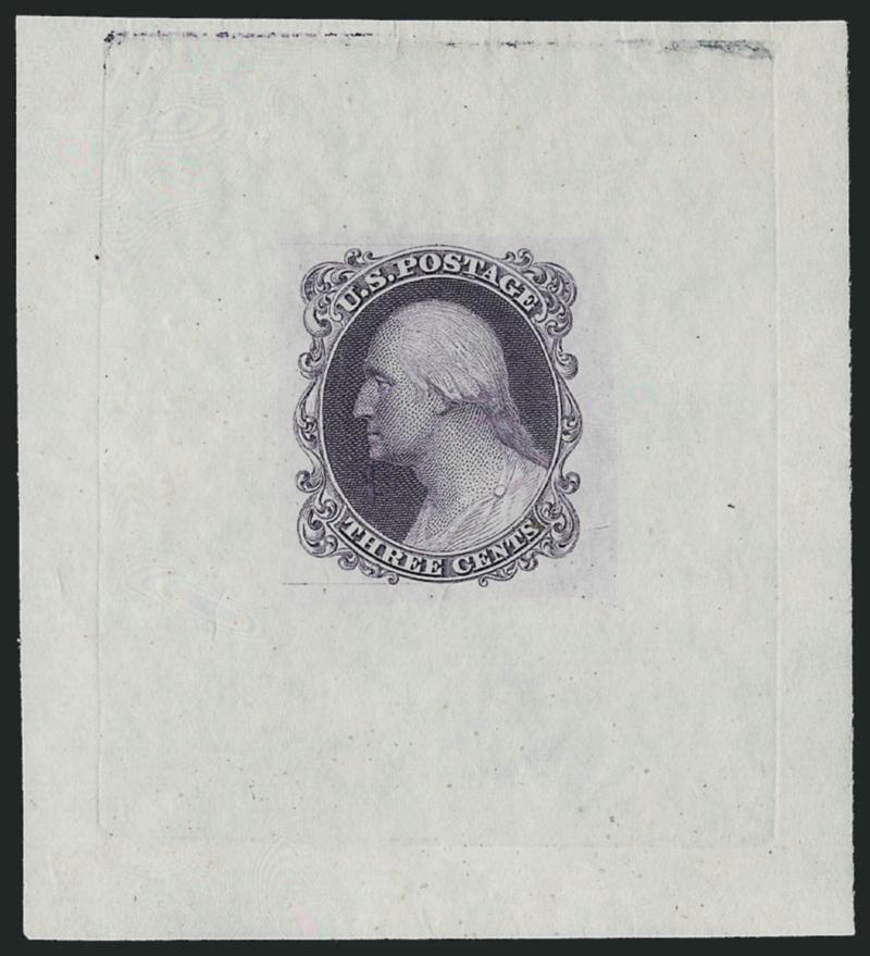 Toppan, Carpenter, Casilier & Co., 3c Die Essay on Proof Paper, Printed Thru a Mat (11-E17c).> Two, incl. Black and Dull Violet, 57 x 67mm and 60 x 67mm, bright colors, Black with small corner thin, appear
Very Fine