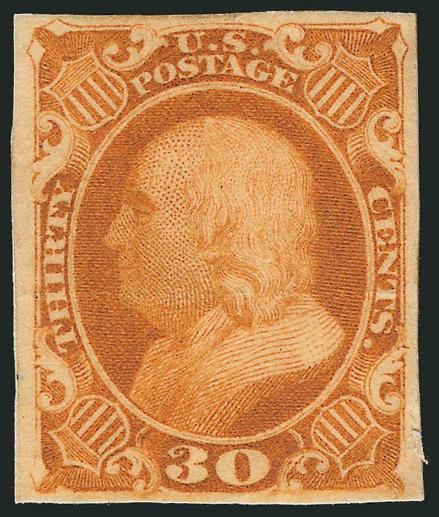 30c Orange, Plate Proof on India (38P3).> Large margins, affixed to card, small tear at bottom right and light crease, rich color, Very Fine appearance, with 1972 P.F. certificate