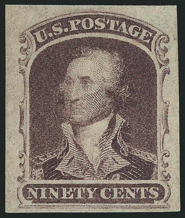 90c 1860 Issue, Trial Color Plate Proof on Wove (39TC5).> Seven singles, range of colors incl. Orange Red (3), Dark Green, Sepia, Dark Violet Brown and Rose Lake, large margins to clear, fresh and Fine-Very
Fine