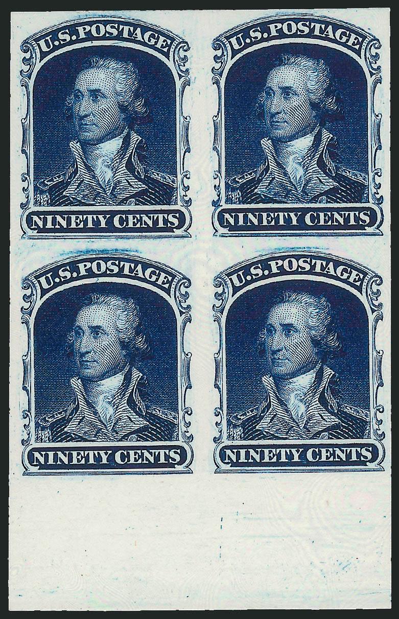 1c-90c 1857 Reprints, Plate Proofs on Card (40P4-47P4).> Blocks of four with matching bottom sheet margins, great margins and colors on dazzling white card, as fresh as the day they were printed, Extremely
Fine, cut from the Lilly sheets