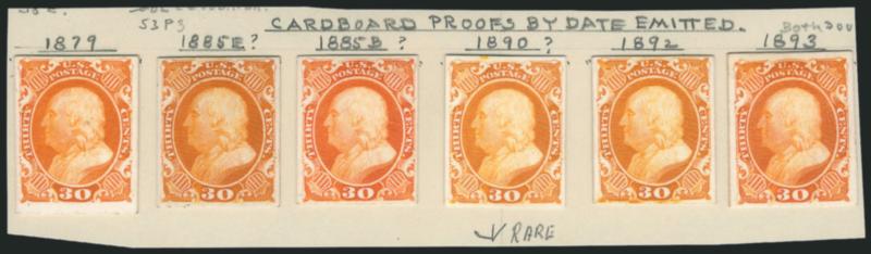 30c Orange, Plate Proof on Card (46P4).> Six, affixed to old card identifying each printing by date, range of shades, large margins to full, Very Fine and choice, a scarce group