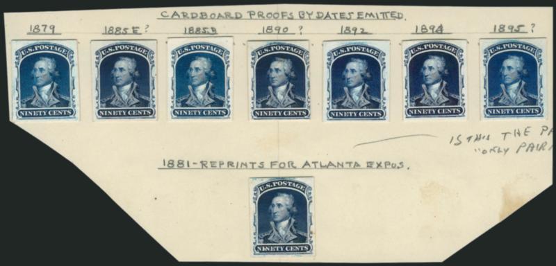 90c Blue, Plate Proofs on Card (47P4).> Eight mounted on card with the different dates noted for when they were pulled, ranging from 1879-95, nice range of different shades, Fine-Very Fine, a worthwhile group,
also incl. one extra as well as two on I
