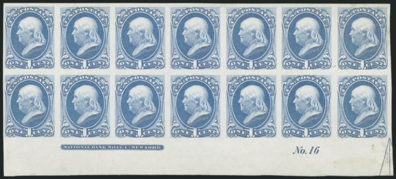 1c Ultramarine, Plate Proof on India (145P3).> Bottom imprint and plate no. block of fourteen with arrow at right, large margins, bright color, few translucencies at right from hinges, otherwise Very Fine, ex
Lake Shore