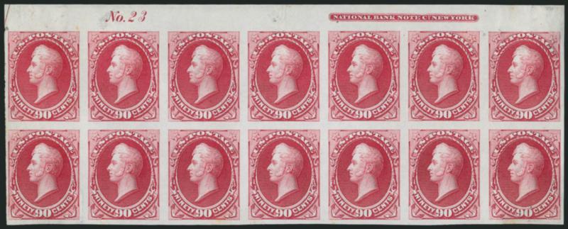 1c-90c National Bank Note Co., Plate Proofs on India (145P3155P3).> Imprint and plate no. blocks of 12 or 14, all tops except for 2c which is a bottom, missing only the 15c value for the complete set, mostly
large margins with a couple values slight
