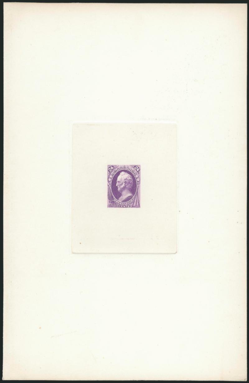 24c Purple, Large Die Proof on India (153P1).> Die sunk on 144 x 223mm card with full die sinkage, light National Bank Note Co. N.Y. imprint at bottom, brilliant color, left edge was once attached to a
salesmans book, Very Fine and choice