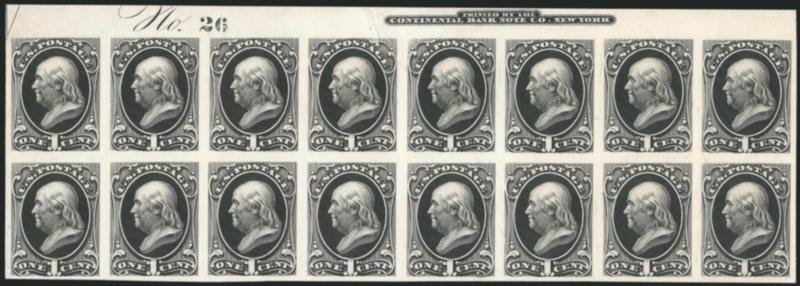 1c, 3c Black, Trial Color Plate Proofs on India (156TC3, 158TC3).> First is top imprint and plate no. 26 block of sixteen,, second is bottom imprint block of eight, both mounted on cards, 1c small sealed tear
at top, Very Fine, Scott Retail as blocks