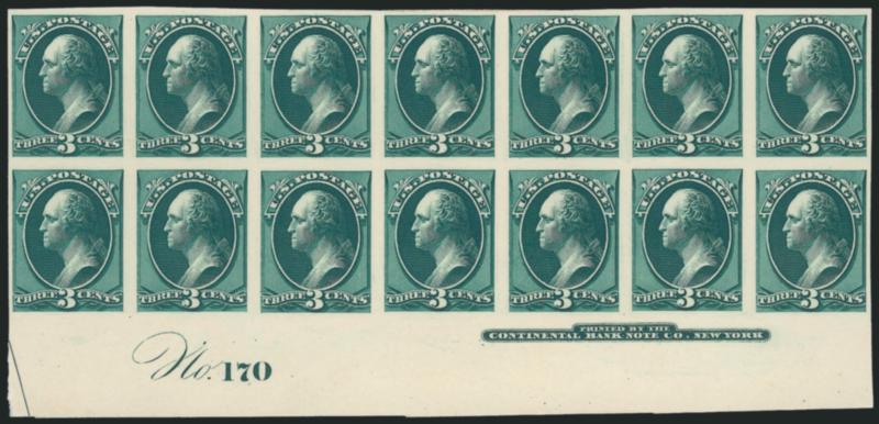 3c Green, Plate Proof on India (158P3).> Bottom imprint and plate no. 170 block of fourteen, mounted on card and so free from the defects usually seen on this fragile paper, intense color and impression, Very
Fine and choice