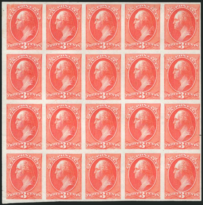 3c Vermilion, Plate Proof on India (214P3).> Block of 20, large margins all around, bright color, few flaws, otherwise Extremely Fine, this large multiple is offered to the market for the first time since our
1981 Rarities sale, Scott Retail as four