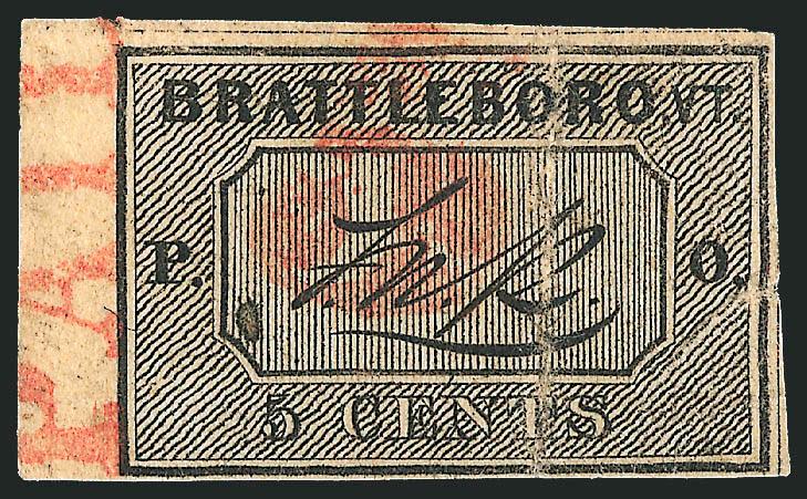 Brattleboro Vt., 5c Black on Buff (5X1).> Position 6, large margins to clear incl. <sheet margin at left,> crisp impression, cancelled by both <red numeral 5 and matching Paid> handstamps, also with unusual
<plate flaw> just to the left of signat