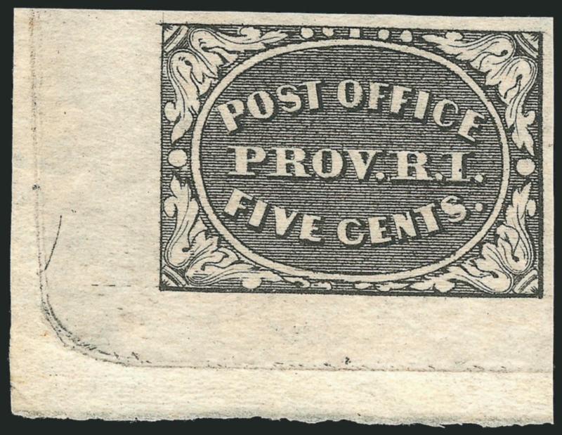 Providence R.I., 5c Gray Black (10X1). Mint N.H.,> Position 10 with <bottom left corner sheet margins,> detailed impression on fresh paper, Extremely Fine Gem, a superb stamp in every respect, with 2006 P.F.
certificate (XF-Superb 95), Scott Retail a