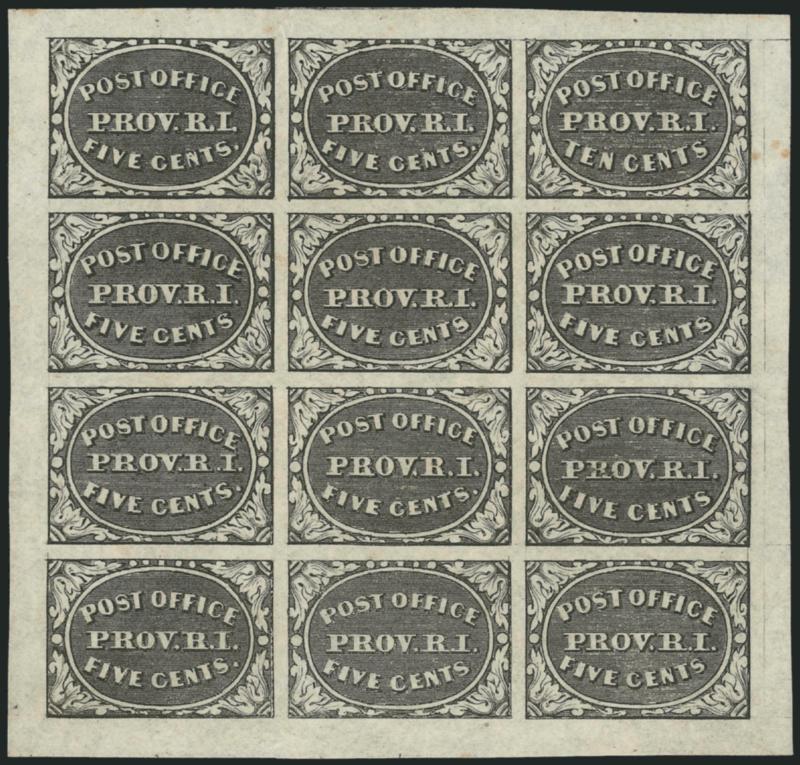 Providence R.I., 5c & 10c Gray Black, Se-Tenant (10X1, 10X2).> Complete sheet of twelve, unused (no gum), sheet margins reduced and three tiny toning spots in right selvage, otherwise Extremely Fine, with 1971
P.F. certificate, Scott Retail as unused
