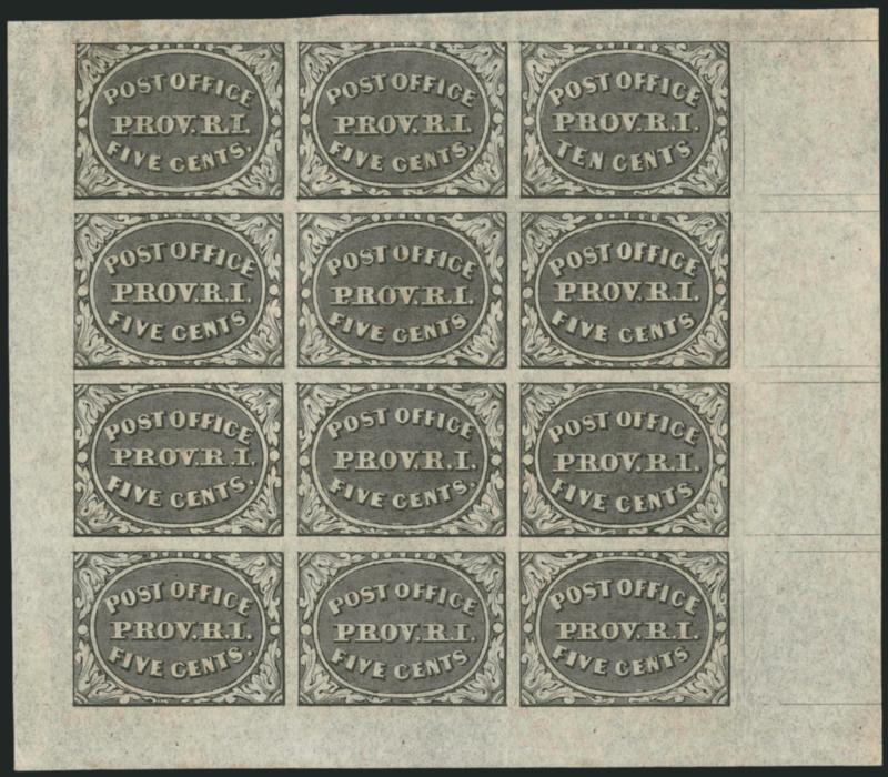 Providence R.I., 5c-10c Gray Black, Reprint (10X1R-10X2R).> Complete sheet of twelve with letters on back, without gum as issued, Extremely Fine