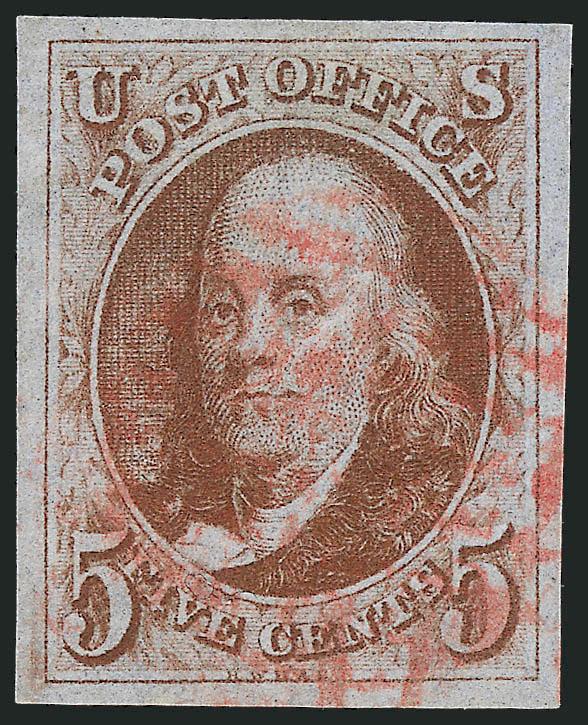 5c Red Brown (1).> Rich color and sharp impression, huge margins all around, red grid cancel, Extremely Fine Gem, with 2010 P.S.E. certificate (XF-Superb 95 SMQ $1,300.00)