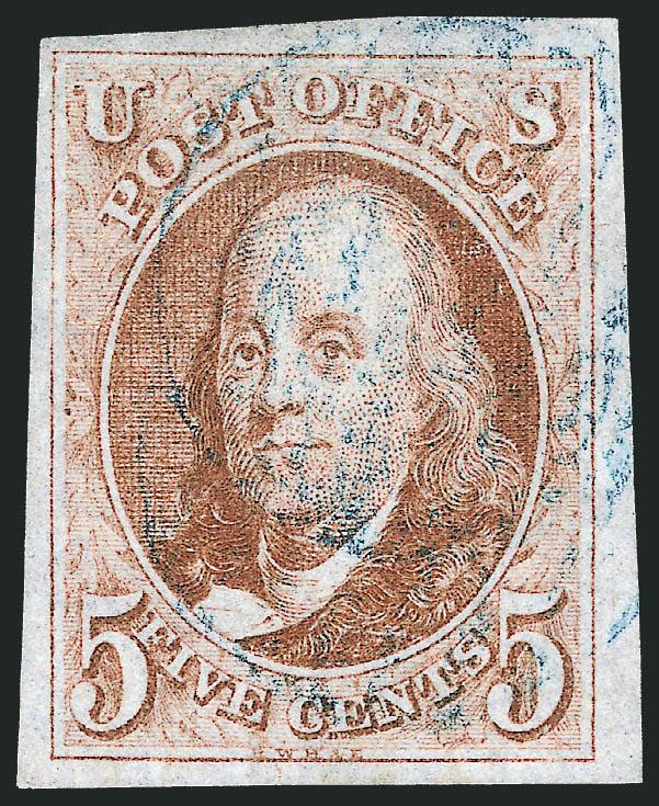5c Red Brown (1).> Large to huge margins, lovely color on fresh paper, light strike of <blue> cancel, Extremely Fine