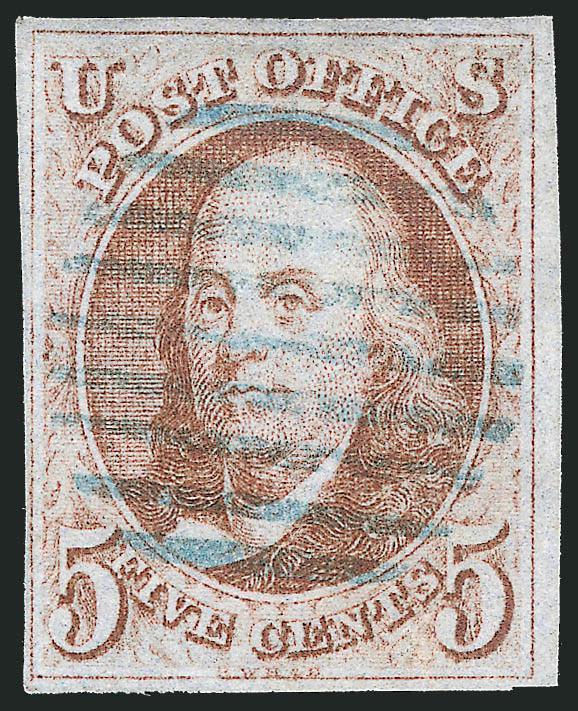 5c Red Brown (1).> Large to clear margins, soft shade, neat strike of <unusual blue 9-bar open grid> cancel, Very Fine
