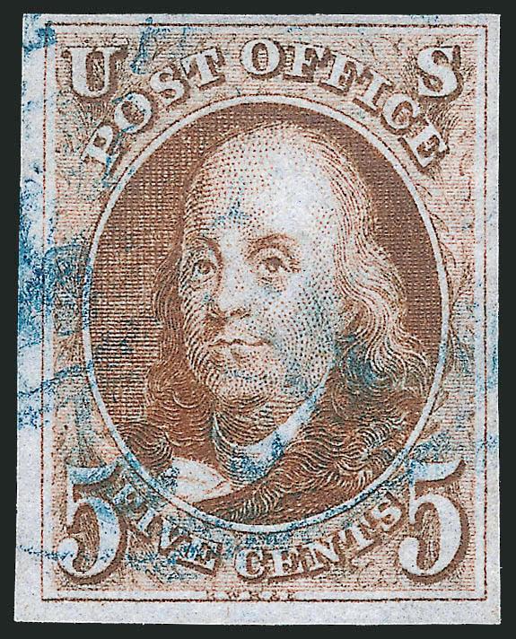 5c Red Brown (1).> Rich color, ample to large margins, <blue> cancel, Very Fine