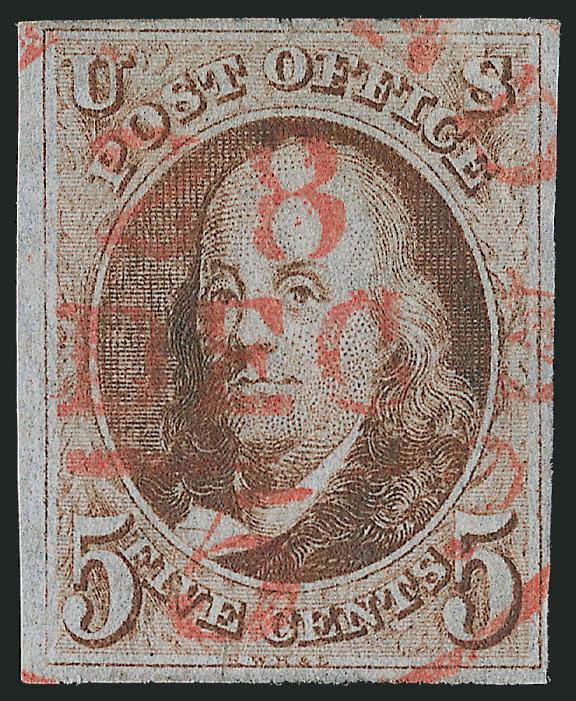 5c Red Brown (1).> Ample to large margins, rich color, neat <red 5 integral-rate circular datestamp>, tiny tear in margin at top, Very Fine appearance, with 2010 P.F. certificate