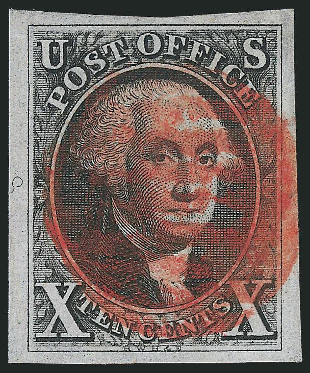 10c Black (2).> Large to huge margins, intense shade and remarkably detailed impression nicely complemented by red grid cancel, crisp paper, fresh and Extremely Fine, with 2010 P.S.E. certificate (XF 90 SMQ
$1,800.00)