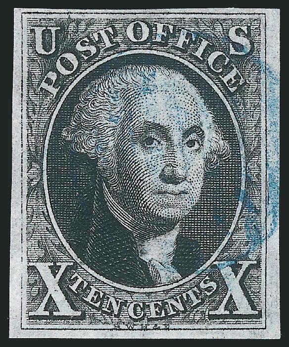 10c Black (2).> Position 81L, deep shade on bright paper, large margins to clear at top, unobtrusive strike of <blue> cancel, Very Fine