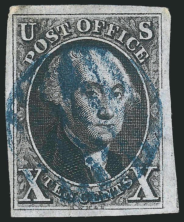 10c Black (2).> Deep shade, irregular but mostly large margins, broken frameline at right, <blue> grid cancel, small toned spot top left corner mostly confined to back, otherwise Fine