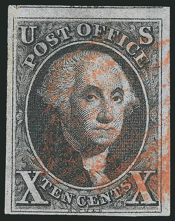 10c Black (2).> Position 55L, large margins to clear at bottom with portion of adjoining stamp at top, neat strike of red grid cancel, light vertical crease in margin and toned spot on back barely visible on
front in E of Office, Very Fine appear