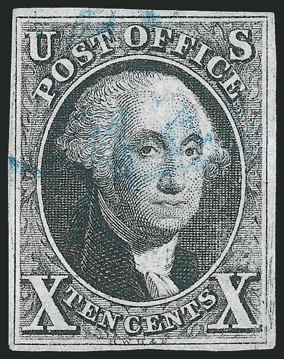 5c Red Brown, 10c Black (1-2).> 5c with full to large margins, beautiful deep color, bold <blue Paid in oval> cancel of Philadelphia, faint diagonal crease at bottom left, appears Extremely Fine, 10c ample
margins all around, light <blue> circular
