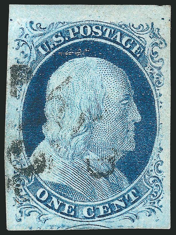 1c Blue, Ty. IV (9).> Position 2L1L, recut twice at bottom, large to huge margins incl. <sheet margin> at top, deep rich color, neat strike of Paid cancel, Extremely Fine Gem, with 2007 P.S.E. certificate
(Superb 98 SMQ $1,400.00)
