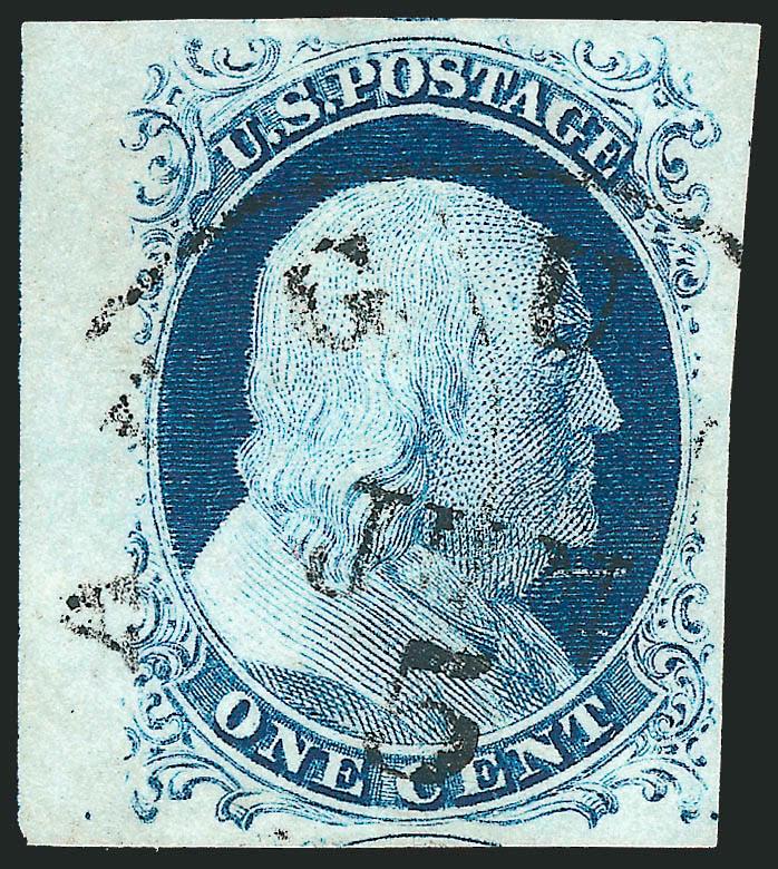 1c Blue, Ty. IV (9).> Recut once at top, large to huge margins incl. sheet margin at left, neat strike of circular datestamp, fresh and Extremely Fine, with 2009 P.S.E. certificate (XF 90 Jumbo SMQ $300.00 as
90, $750.00 as 95)