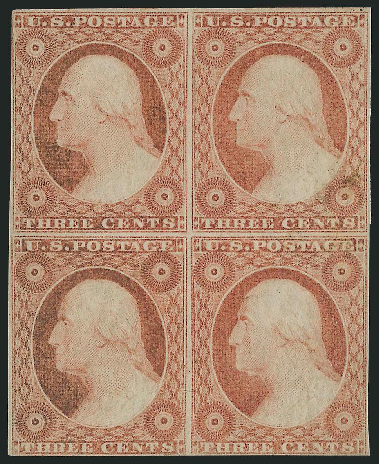 3c Dull Red, Ty. II (11A).> Block of four, original gum, lightly hinged, three clear to large margins, ever so slightly in at bottom, Fine-Very Fine