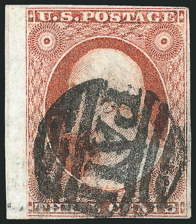 3c Experimental Orange Brown, Ty. II (11A var).> Plate 1L with <straddle-pane margin and centerline> at left, other sides clear, rich color, small Boston Paid in grid cancel, fresh and Very Fine, with 2007
P.F. certificate