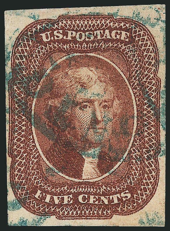 5c Red Brown, 10c Green, Ty. I (12, 13).> First with full to large margins, rich color, <blue town> datestamps, light horizontal crease and tiny margin corner crease, otherwise Very Fine, great visual appeal
and rare with blue cancel, with 1990 P.F.