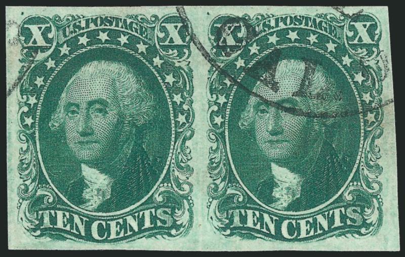 10c Green, Ty. II (14).> Horizontal pair, large margins all around, magnificent color and depth of impression -- a very early printing -- lightly cancelled by part of circular datestamp, faint offset of ink on
back of left stamp, negligible and not m