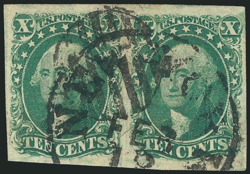 10c Green, Ty. II (14).> Horizontal pair, full to large margins, bright yellowish shade, cancelled by grid and New York circular datestamp, overall toning which is minor enough to be ignored on certificate,
still Very Fine, ex Hansen, with 2000 P.F.