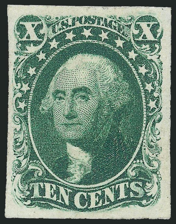 10c Green, Ty. III (15).> Unused, most recent certificate states regummed, large margins all around, intense shade and impression on bright paper<><>^EXTREMELY FINE. A GORGEOUS UNUSED EXAMPLE OF THE 1855
IMPERFORATE 10-CENT TYPE II.^<><>Ex Bingha