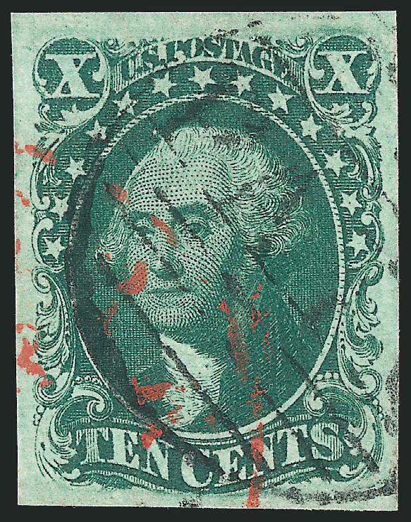 10c Green, Ty. III (15).> Large margins all around, neat Boston large Paid grid and part of <red transit> cancel, rich color and proof-like early impression, Extremely Fine Gem, with 2000 P.F.
certificate