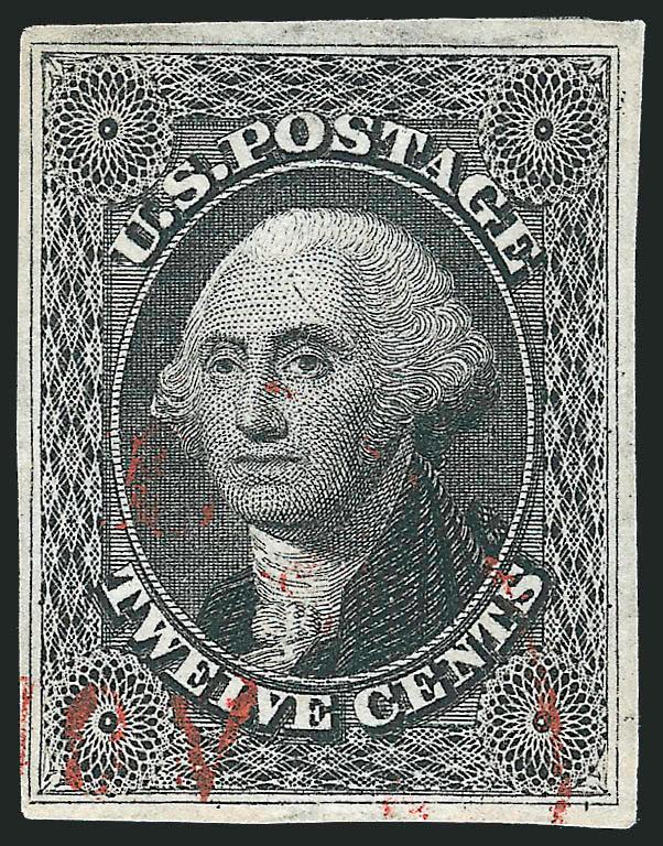 12c Black (17).> Three large to huge margins, ample to full at left, essentially face-free light <red> circular datestamp, fine impression, Extremely Fine, with 1987 and 2008 P.F. certificates