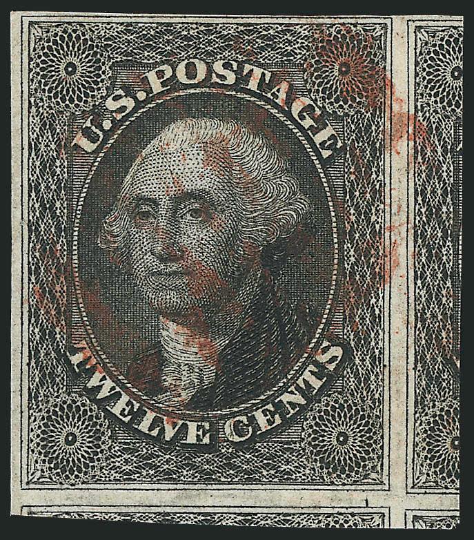 12c Black (17).> Position 87R1, huge margins to clear at top, with portions of three adjoining stamps, deep shade, neat red cancel, Very Fine and choice, a pretty stamp