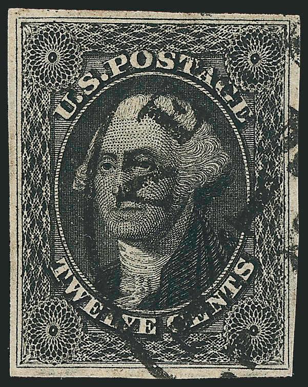 12c Black, Triple Transfer (17 var).> Position 5R1, large margins, additional lines show in labels, right frame and upper left margin (as additional guide dots, only copies of this stamp with large top margin
show this), bright shade, bold strike of