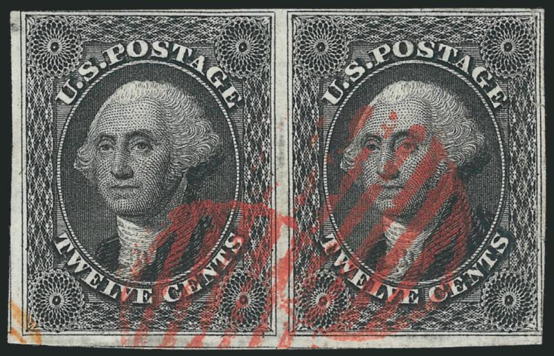 12c Black (17).> Positions 78-79R1, horizontal pair, large margins to just clear at top left and lower right, vivid <red grid> cancels, deep shade, couple tiny margin tears at right of right stamp, Fine-Very
Fine appearance