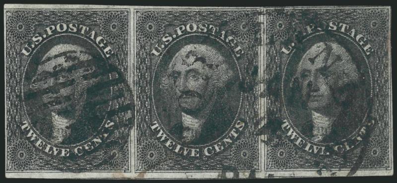 12c Black (17).> Positions 81-83L1, horizontal strip of three, large margins to just in at left, circular datestamp and grid cancels, also small trace of ms. at bottom and red cancels at right, faintest hint
of what may be a light pressed vertical cr