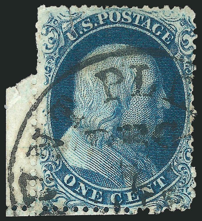 1c Blue, Ty. Ic (19b).> Position 91R4, deep rich color with bold circular datestamp, part of straddle-pane margin at left, two tears and small thin spot, perf faults, nicely centered and presentable, with 1984
P.F. certificate