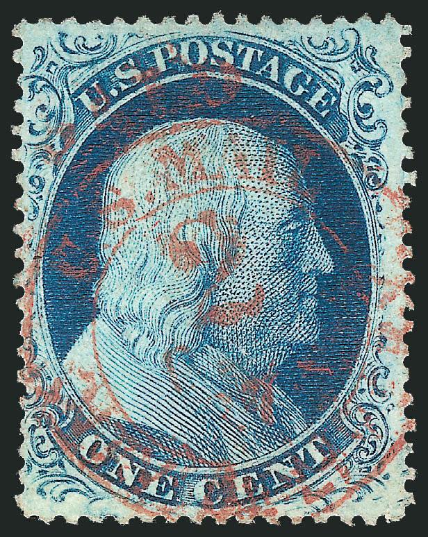 1c Blue, Ty. III (21).> Plate 4, wide breaks at top and bottom, deep rich color and sharp impression, choice margins and cancelled by nearly complete strike of <red New York City carrier datestamp,> Very Fine,
a beautiful example of this scarce perfo