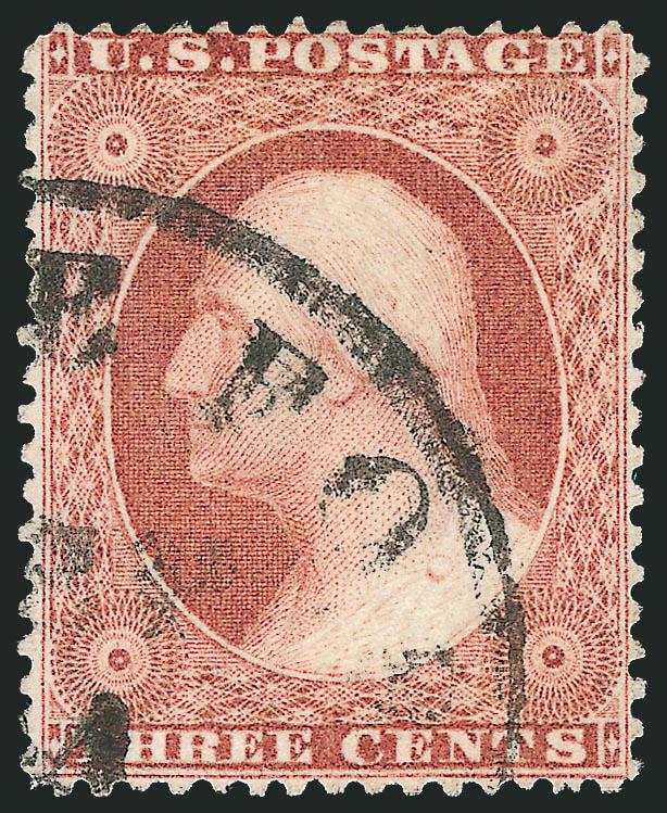 3c Claret, Ty. II (25A).> Beautiful margins for this tightly-spaced issue, completely clear three sides and just in at top, rich color, neat town cancel, Extremely Fine, the perforated 3c Type I and II stamps
are almost impossible to find with four c