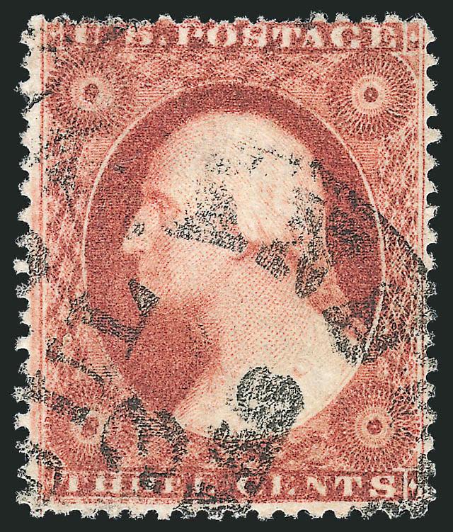 3c Dull Red, Ty. III, Partial Kiss Impression (26 var).> Rich color, showing clear doubling of the design especially at bottom, neat strike of July 3, 1858 circular datestamp, Very Fine, a fascinating and rare
variety, ex Piller, with 1973 P.F. certi