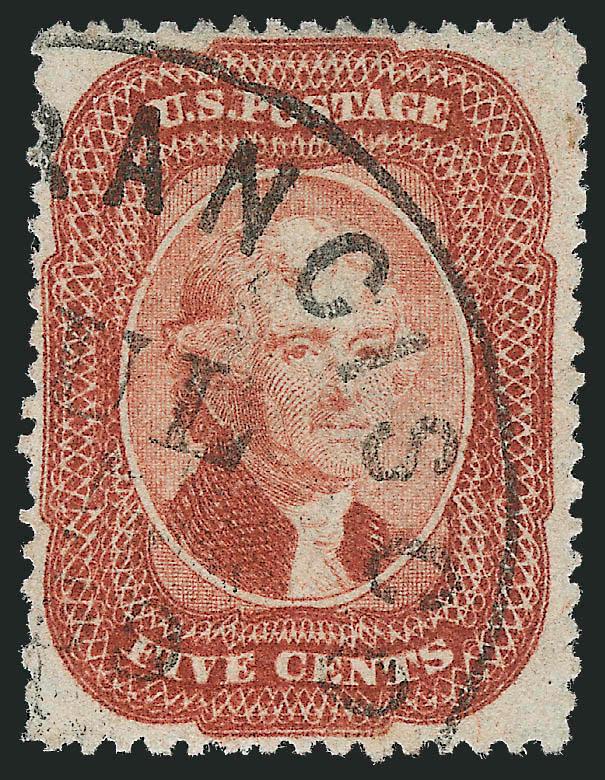 5c Brick Red (27).> Exceptionally well-centered with perfs clear all around, rich color, light San Francisco circular datestamp, Very Fine, with 2010 P.F. certificate