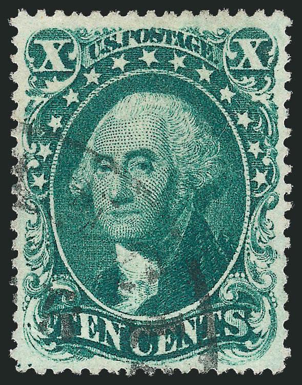 10c Green, Ty. I (31).> Choice margins and beautifully centered,deep rich color with a light circular datestamp<><>^EXTREMELY FINE. AN OUTSTANDING USED EXAMPLE OF THE 1857 10-CENT TYPE I PERFORATED.^<><>With
2010 P.S.E. certificate (XF 90 SMQ $2