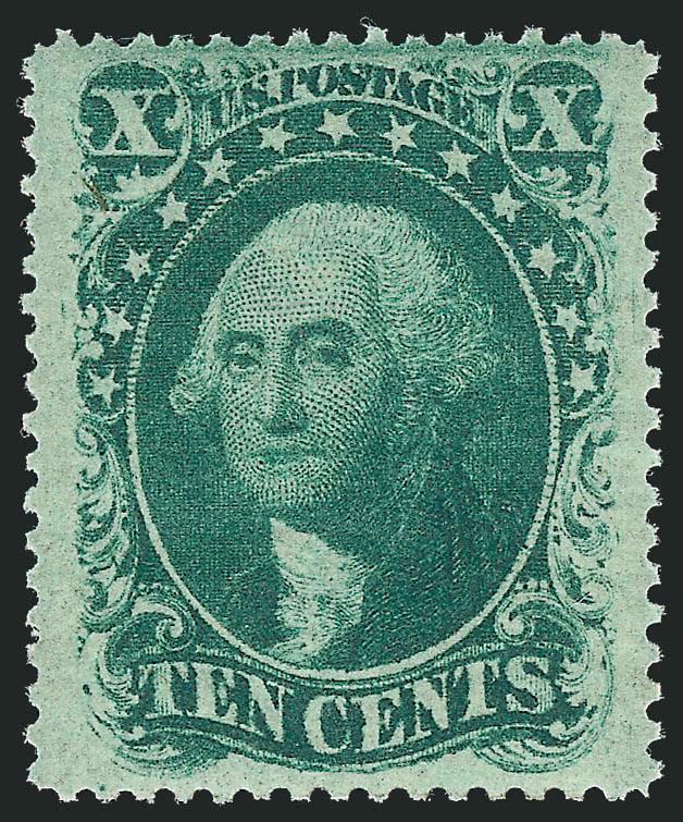 10c Green, Ty. V (35).> Original gum, lightly hinged, pretty shade and choice centering, fresh and Extremely Fine, with 2006 P.S.E. certificate (OGph, XF 90 SMQ $650.00)